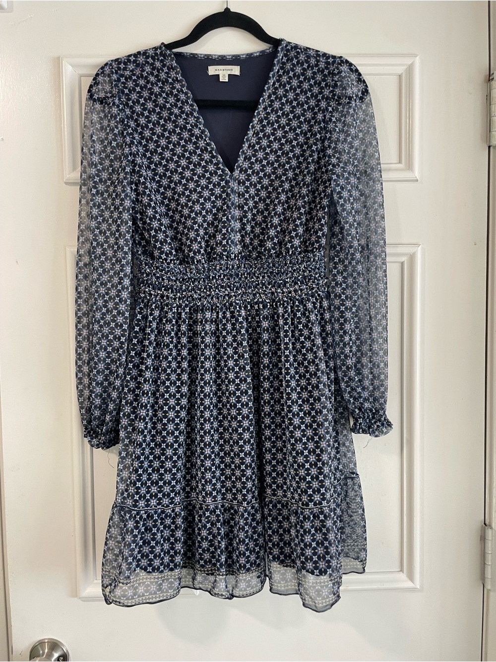 Max Studio Geometric Print Mesh Long Sleeve Smocked Waist Boho Mini Dress